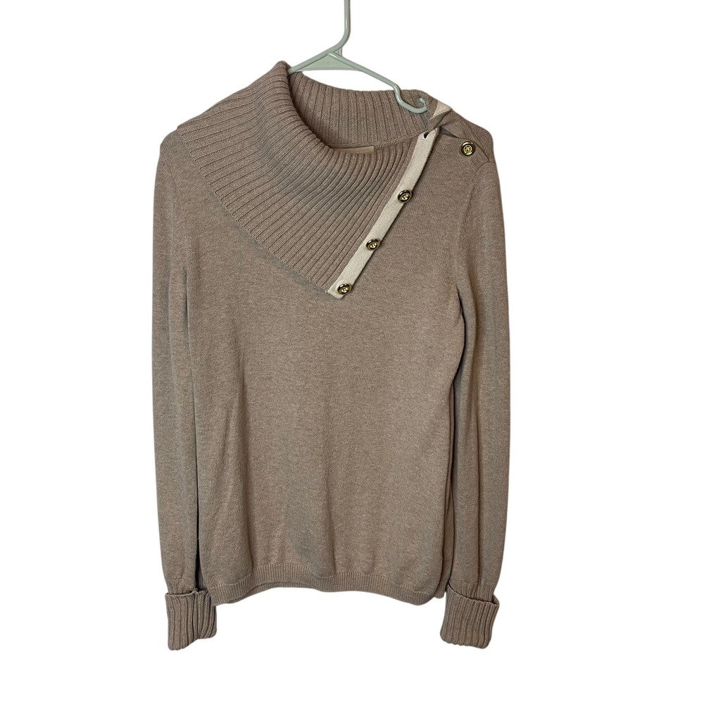 Banana Republic Women Beige Cotton Asymmetrical Button Cowl Neck Sweater Medium
